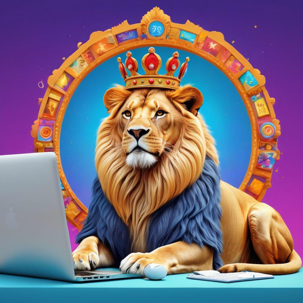 A stylized illustration of a majestic lion wearing a crown, sitting at a computer with a blog open, surrounded by a vibrant and colorful digital landscape filled with blog posts and social media icons. The lion exudes confidence and regal wisdom while offering tips and insights, creating an inviting atmosphere for aspiring bloggers. bright colors. cartoon style. 3D effect.