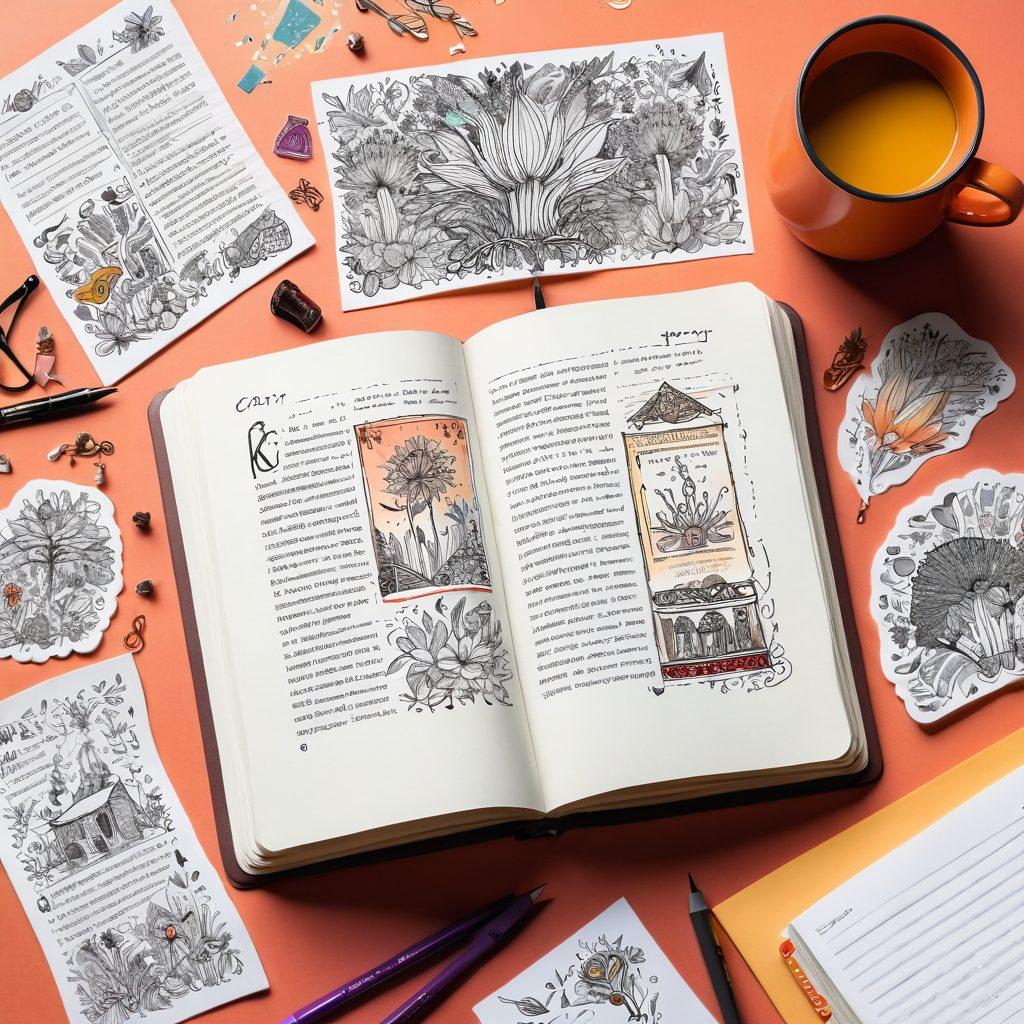 An open digital diary with handwritten notes and creative doodles spilling onto the page, surrounded by vibrant illustrations of storytelling elements like quills, inkpots, and book covers. In the background, a soft glow emanates from a computer screen showcasing a review platform, symbolizing the transition from personal opinions to polished reviews. The scene is infused with a warm, inviting color palette, capturing the essence of creativity and expression. super-realistic. vibrant colors. cozy atmosphere.