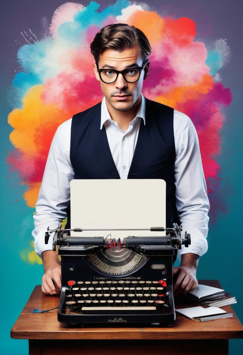A confident blogger, Rex King, standing in front of a vintage typewriter, swirling ink patterns and sound waves emanating from it, symbolizing creativity and expression. The background features an open laptop with a captivating blog post on the screen, surrounded by colorful speech bubbles and writing tools. The overall atmosphere exudes inspiration and empowerment. super-realistic. vibrant colors. clean white background.